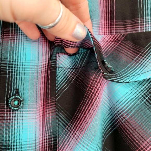 DIXXON Shreddy Bamboo Short Sleeve Plaid Button Up Blue, Pink - Picture 7 of 15